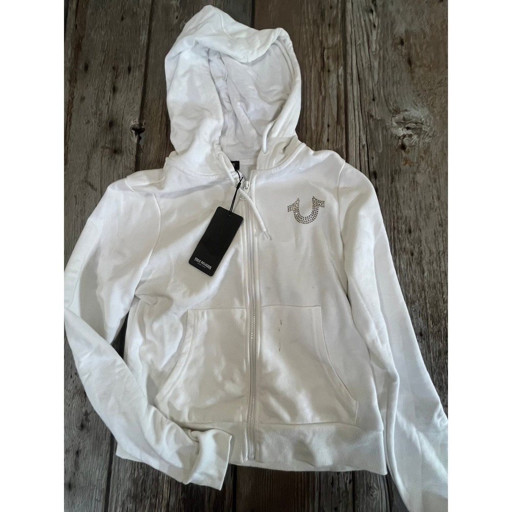 True Religion Optic White Rhinestone Logo Zip Hoodie 207980 Mens Small NWT